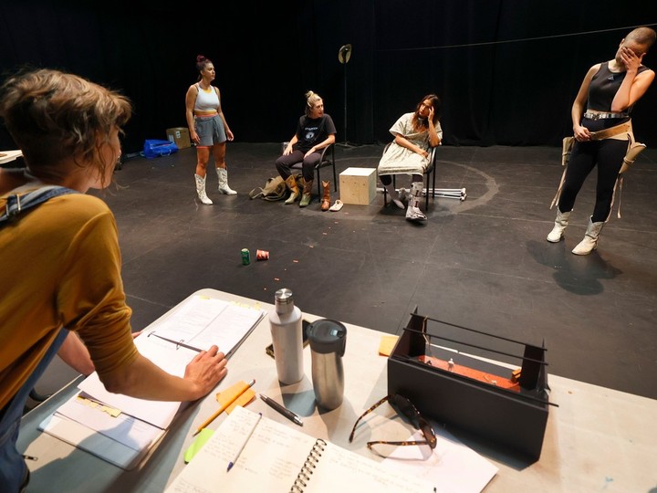  OTTAWA – Sept 13, 2023 – Director Emily Pearlman overseeing a rehearsal for the Supine Cobbler, which opens Set. 26 at the GCTC. Actors Kelsey Rideout, Ellie Ellwand, Maryse Fernandes and Tea Paterson perform in the background. TONY CALDWELL, Postmedia.
