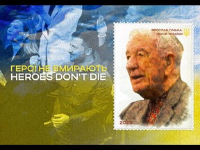 A fake Ukrainian stamp posted by the Russian embassy in London uses the Yaroslav Hunka incident in Canada's House of Commons for propaganda purposes.