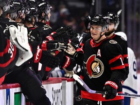 The Ottawa Senators' Tim Stutzle (18) celebrates his goal against the Toronto Maple Leafs during first-period NHL preseason hockey action in Ottawa, on Sunday, Sept. 24, 2023. Stutzle scored twice in Ottawa's 3-2 win.