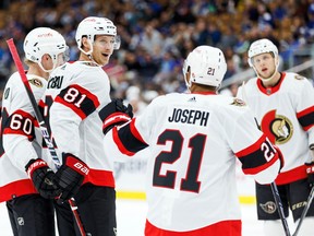Ottawa Senators winger Dominik Kubalik (81) celebrates his goal with teammates.