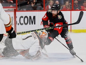 Ottawa Senators' Rourke Chartier is stopped by Anaheim Ducks goaltender Lukas Dostal.