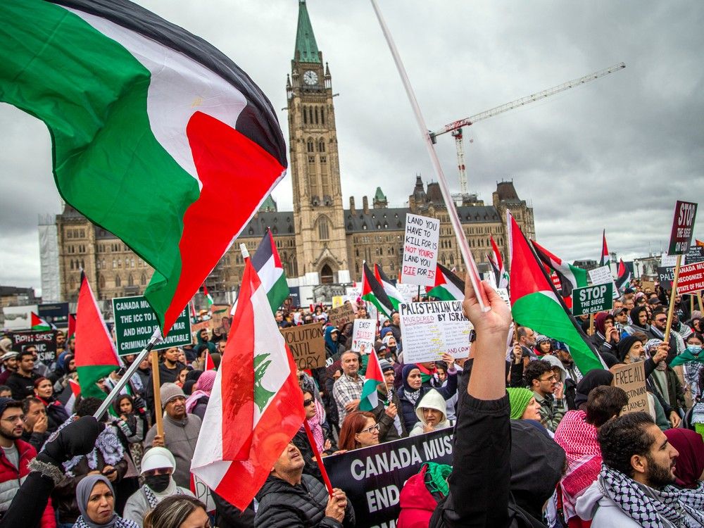 A large group organized by the Palestinian Youth Movement, INSAF UO, and the Students for Justice in Palestine Carleton came together on Parliament Hill then marched to the Embassy of Israel on O'Connor Street, Sunday, October 15, 2023.