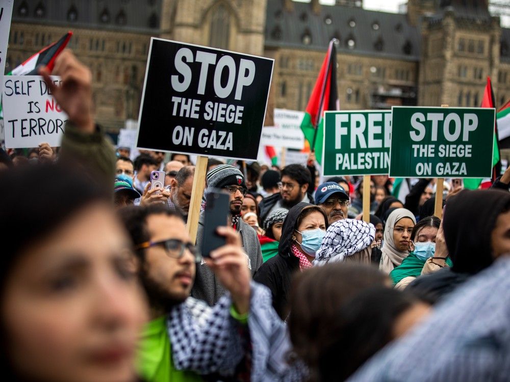 A large group organized by the Palestinian Youth Movement, INSAF UO, and the Students for Justice in Palestine Carleton came together on Parliament Hill then marched to the Embassy of Israel on O'Connor Street, Sunday, October 15, 2023.