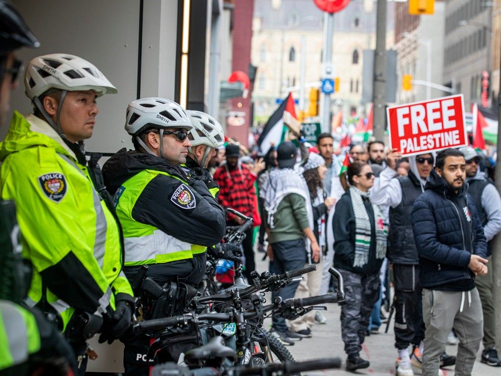 A large group organized by the Palestinian Youth Movement, INSAF UO, and the Students for Justice in Palestine Carleton came together on Parliament Hill then marched to the Embassy of Israel on O'Connor Street, Sunday, October 15, 2023.