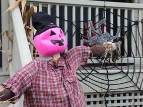 Halloween decorations in Old Chelsea, October 27, 2023. A print plastic pumpkin head sits on a scarecrow's body.