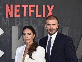 Victoria and David Beckham attend the Netflix 'Beckham' UK Premiere at The Curzon Mayfair on October 03, 2023 in London, England.