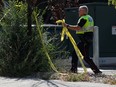 Ottawa police leave the scene after a pedestrian was hit by a vehicle on Charlotte Street in Ottawa on Monday, Oct. 2, 2023.