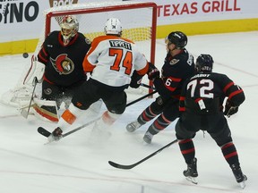 Ottawa Senators Anton Forsberg makes a save against the Philadelphia Flyers