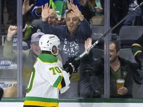 London Knights player Ruslan Gazizov celebrates his first-period goal against the Ottawa 67’s at Budweiser Gardens in London on Friday October 27, 2023. Mike Hensen/The London Free Press