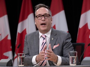 Standing Committee on Access to Information, Privacy and Ethics vice-chair Bloc Quebecois MP Rene Villemure speaks during a news conference about the committee's report on foreign interference on Oct. 24, 2023, in Ottawa.