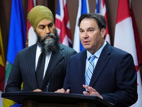 Federal NDP Leader Jagmeet Singh with NDP Health Critic Don Davies on June 13, 2023.