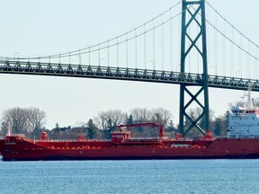 The tanker Algoterra makes her way past the Ogdensburg-Prescott International Bridge early Monday afternoon on opening day of the St. Lawrence Seaway 2021 shipping season. The Algoterra was the season's first downbound vessel. (TIM RUHNKE/The Recorder and Times)