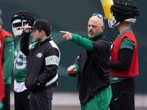 Saskatchewan Roughriders head coach Craig Dickenson oversees a drill during practice at Mosaic Stadium on Tuesday, October 3, 2023 in Regina.