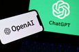 Photos of logos of the artificial intelligence OpenAI research laboratory and ChatGPT robot.