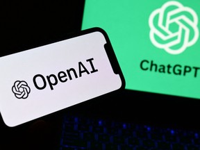 Photos of logos of the artificial intelligence OpenAI research laboratory and ChatGPT robot.