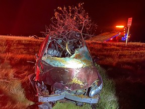 One of the vehicles that struck a moose on Highway 416 south of Ottawa on Sunday, Oct. 29, 2023.
