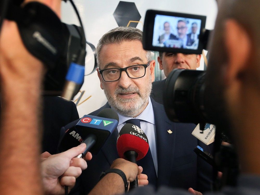 WINDSOR, ONT: SEPTEMBER 11, 2023. Paul Calandra, Provincial Minister of Municipal Affairs and Housing speaks to reporters on Monday, September 11, 2023 in Windsor at a press conference at a the new Meadowbrook Place apartment complex.