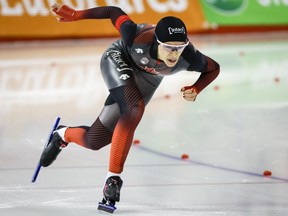 Canada's Carolina Hiller skates during the women's 500-metre competition at the ISU World Cup speed skating event in Calgary, Alta., Friday, Dec. 16, 2022. Carolina Hiller, Laurent Dubreuil, Valérie Maltais and Ted-Jan Bloemen all earned national titles on Thursday, the opening day of the Canadian long track speedskating championships.