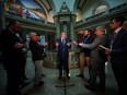 Saskatchewan Premier Scott Moe speaks to the media at the Saskatchewan legislature in Regina, on Tuesday, Oct. 10, 2023.