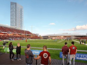 A look at the Lansdowne Stadium, with two towers in the vista, and a new arena. Rendering from Lansdowne report released Oct. 6, 2023