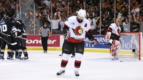 In June 2007, Ottawa Senators Chris Phillips and goalie Ray Emery react as the Anaheim Ducks score in Game 5 of the Stanley Cup final.