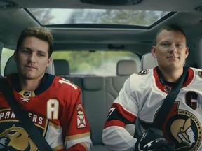 A still image from the advertising spot featuring Matthew, left, and Brady Tkachuk.
