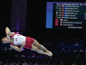 Canada's Rene Cournoyer competes on the floor exercise during Men's Qualifications at the Artistic Gymnastics World Championships in Antwerp, Belgium, Sunday, Oct.1, 2023.&ampnbsp;