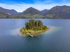 Island 7, a private 2.25-acre island in Cowichan Lake, is for sale for $1.549 million.