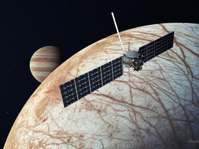 This illustration depicts NASA's Europa Clipper spacecraft passing by the Jovian moon with Jupiter in the background.