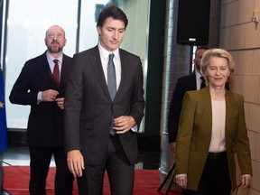 European Council President Charles Michel, Prime Minister Justin Trudeau and European Commission President Ursula von der Leyen (left to right) leave a news conference in St. John’s on Friday, Nov. 24, 2023 on the second day of the Canada-EU Summit.