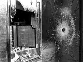 A store window is seen smashed following Kristallnacht on Nov. 9, 1938, left, and a bullet hole is seen in a window of a home invaded by Hamas on Oct. 7, 2003.