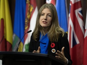 NDP MP for Victoria Laurel Collins speaks about intimate partner violence during a news conference on Nov. 9, 2023 in Ottawa.