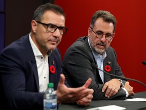 The Ottawa Senators' new owner, Michael Andlauer, right, and Steve Staios, the newly hired president of hockey operations, hold a press conference at the Canadian Tire Centre Wednesday to announce that the team's general manager, Pierre Dorion, has been shown the door after eight years in the role.