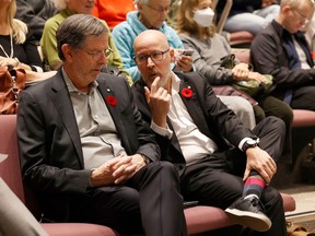 Roger Greenberg, managing partner and executive chair of OSEG, and Mark Goudie, president and chief executive officer, Ottawa Sports and Entertainment Group, during the Joint Finance and Corporate Services and Planning and Housing Committee meeting at City Hall in Ottawa Thursday.