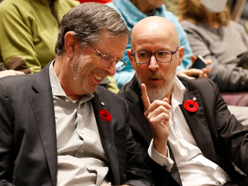 Roger Greenberg, managing partner and executive chair of OSEG, and Mark Goudie, president and chief executive officer, Ottawa Sports and Entertainment Group, during the Joint Finance and Corporate Services and Planning and Housing Committee meeting at City Hall in Ottawa Thursday.