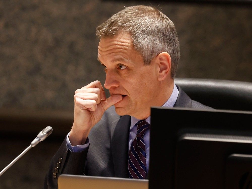 Ottawa Mayor Mark Sutcliffe during the Joint Finance and Corporate Services and Planning and Housing Committee meeting at City Hall in Ottawa Thursday.