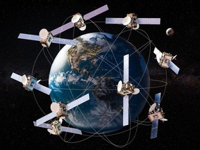 Space satellites in orbits around the Earth Globe, 3D rendering. If even 10 per cent of the filed-for satellites launch, low Earth orbit would become congested with over 100,000 additional satellites.