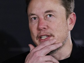 Elon Musk, chief executive of Tesla Inc., during a fireside discussion on artificial intelligence risks with Rishi Sunak, U.K. prime minister, in London, on Thursday, Nov. 2, 2023.
