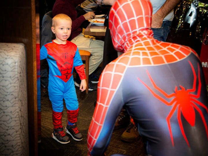  Four-year-old Easton Adams was so excited to see Spider-Man. Adams is battling B Cell Acute Lymphocytic Leukaemia and his mother said super heroes have really helped get him through the journey.