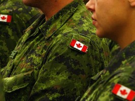 Canadian flag shoulder patches on army armed forces uniforms.