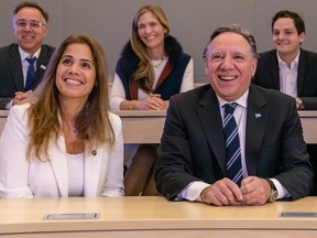 Premier François Legault and Higher Education Minister Pascale Déry attend an event at the HEC Montréal business school on Friday, Sept. 15, 2023. Concordia and McGill say they have not spoken to Déry since late November.