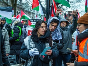 The 11th week of pro- Palestinian protesting took place Saturday, Dec. 23 2023. This week's rally started at the Human Rights Monument before taking to the downtown streets. Before leaving the grounds, Sarah Abdul-Karim was issued a bylaw noise infraction.