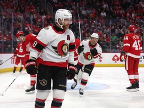 Claude Giroux of the Senators celebrates his first-period goal against the Red Wings on Saturday night.