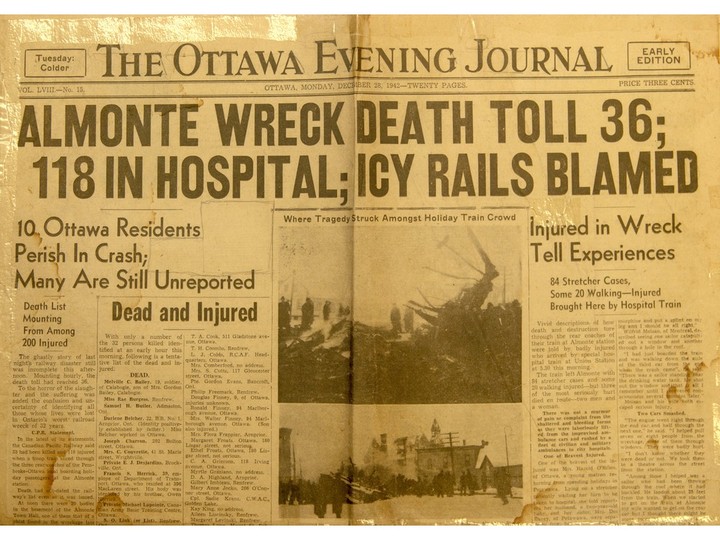  Th Ottawa Journal’s front page on the day following the Almonte train wreck of 1942.