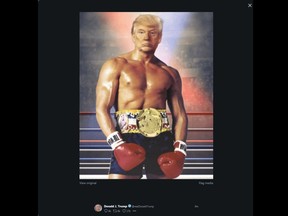 A screen grab of the Twitter account of U.S. President Donald Trump in 2019 shows his face superimposed on a picture of Silvester Stallone from "Rocky III."