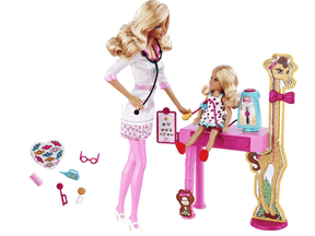 Paging Dr. Barbie: That long hair, short skirt and high heels aren't exactly workplace safe. And where's your face mask and gloves?