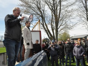Lanark, Frontenac, Kingston independent MPP Randy Hillier spoke the 150 or so protesters that gathered at the Eastern Ontario Health Unit's Pitt Street office on Saturday May 1, 2021 in Cornwall, Ont. Francis Racine/Cornwall Standard-Freeholder/Postmedia Network