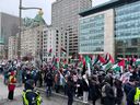 Protesters gathered in downtown Ottawa for the 12th straight week of pro-Palestine rallies.