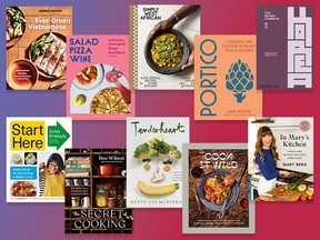 Left to right, top to bottom: Ever-Green Vietnamese (Ten Speed Press), Salad Pizza Wine (Appetite by Random House), Simply West African (Ten Speed Press), Portico (W. W. Norton & Company), The Korean Cookbook (Phaidon), Start Here (Knopf), The Secret of Cooking (W. W. Norton & Company), Tenderheart (Knopf), Cook It Wild (Penguin Canada), and In Mary's Kitchen (Appetite by Random House).