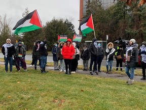 Pro-Palestinian protesters gathered near the constituency office of federal Families, Children and Social Development Minister Jenna Sudds on Monday afternoon.
